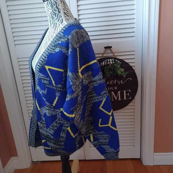 Vintage Tangiers 80's Style Blue / Yellow Retro Geometric Cardigan Grandpa Cozy - Picture 6 of 11